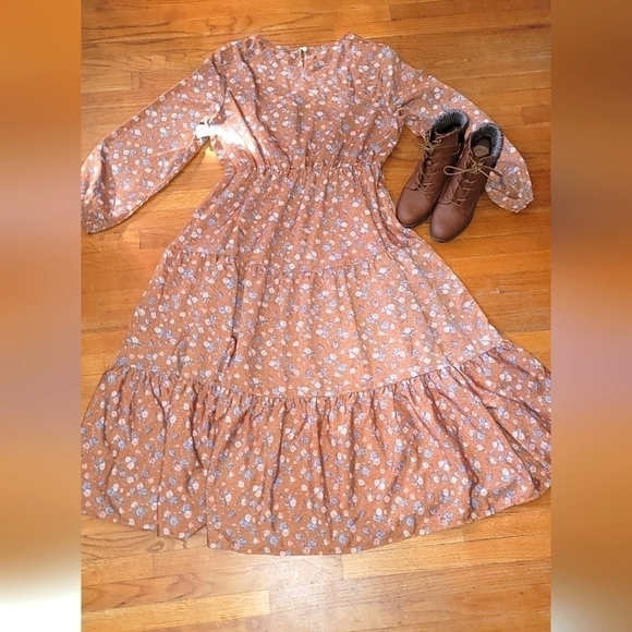 Shein Curve Floral Print Lanter Sleeve Ruffle Hem Dress - Picture 2 of 11